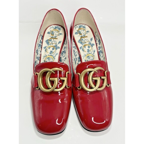 Gucci Victoire GG Block Heel Pumps Red Patent Leather Gold GG Buckle Sz EU 36.5 - Picture 1 of 14